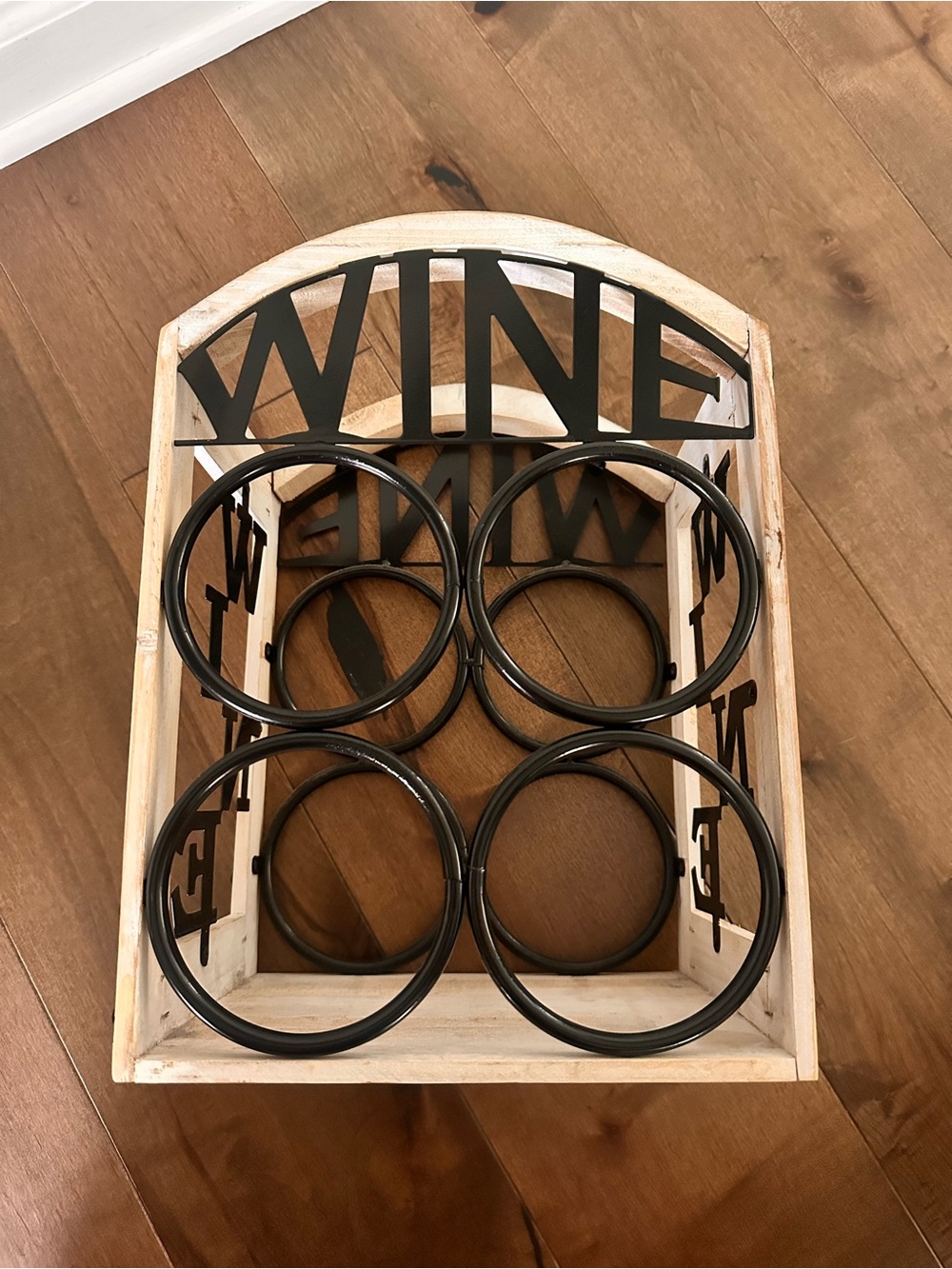 Rustic Wood & Metal Wine Rack Countertop 4 Bottle Holder Farmhouse Kitchen Decor
